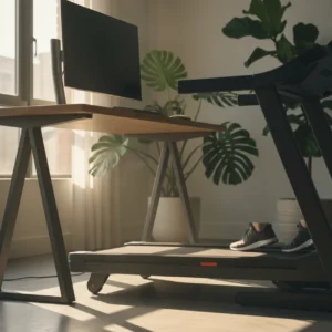 Woodway DeskMill loopband onder een sta-bureau in een moderne thuiswerkplek