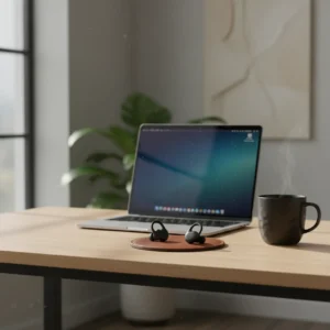 Shokz OpenFit Pro oordopjes op een bureau tijdens een review voor thuiswerken.