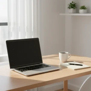 HP Laptop 14 op een opgeruimd bureau tijdens een review test voor thuiswerken.