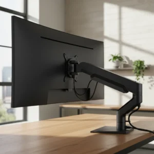 Een ergonomische heavy-duty monitorarm die een ultrawide scherm draagt in een moderne thuiswerkplek.