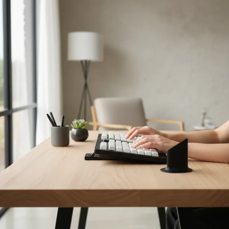Ergonomisch ingestelde Humanscale keyboard tray onder een modern bureau