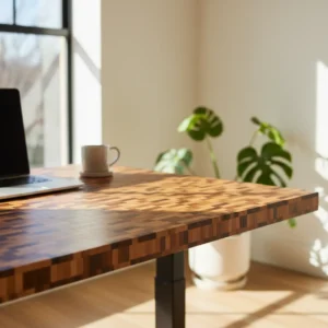 Close-up van het Effydesk Terradesk bureaublad gemaakt van gerecyclede eetstokjes