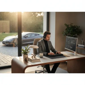 Moderne auto op oprit bij thuiskantoor symboliseert daling autoverkoop 2026 en fiscale keuzes