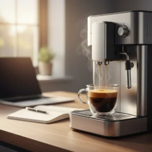 Moderne koffiemachine met ingebouwde bonenmaler die verse espresso zet op een sfeervolle thuiswerkplek
