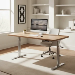 iMovR ThermoDesk Ellure handmatig verstelbaar sta-bureau in een modern thuiskantoor