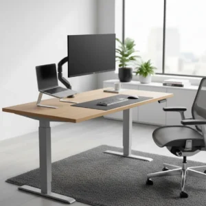 Een modern en ergonomisch ingericht zit-sta bureau in een lichte thuiswerkplek.