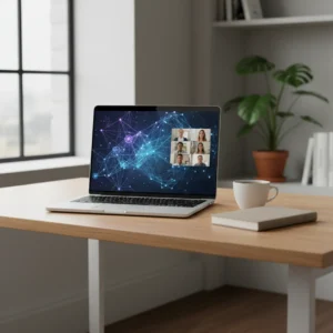 Een moderne, opgeruimde thuiswerkplek met een laptop waarop online vergaderingen via slimme AI-tools en netwerken worden geautomatiseerd.