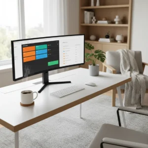 Een opgeruimde thuiswerkplek met een computerscherm dat efficiënte productiviteitsapps toont.