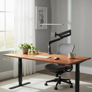 Een ergonomische enkele monitorarm bevestigd aan een modern zit-sta bureau in een opgeruimde thuiswerkplek.