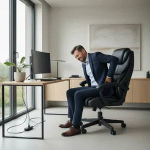 Een oncomfortabele thuiswerker met rugklachten in een goedkope GTPlayer LR002 gamestoel.