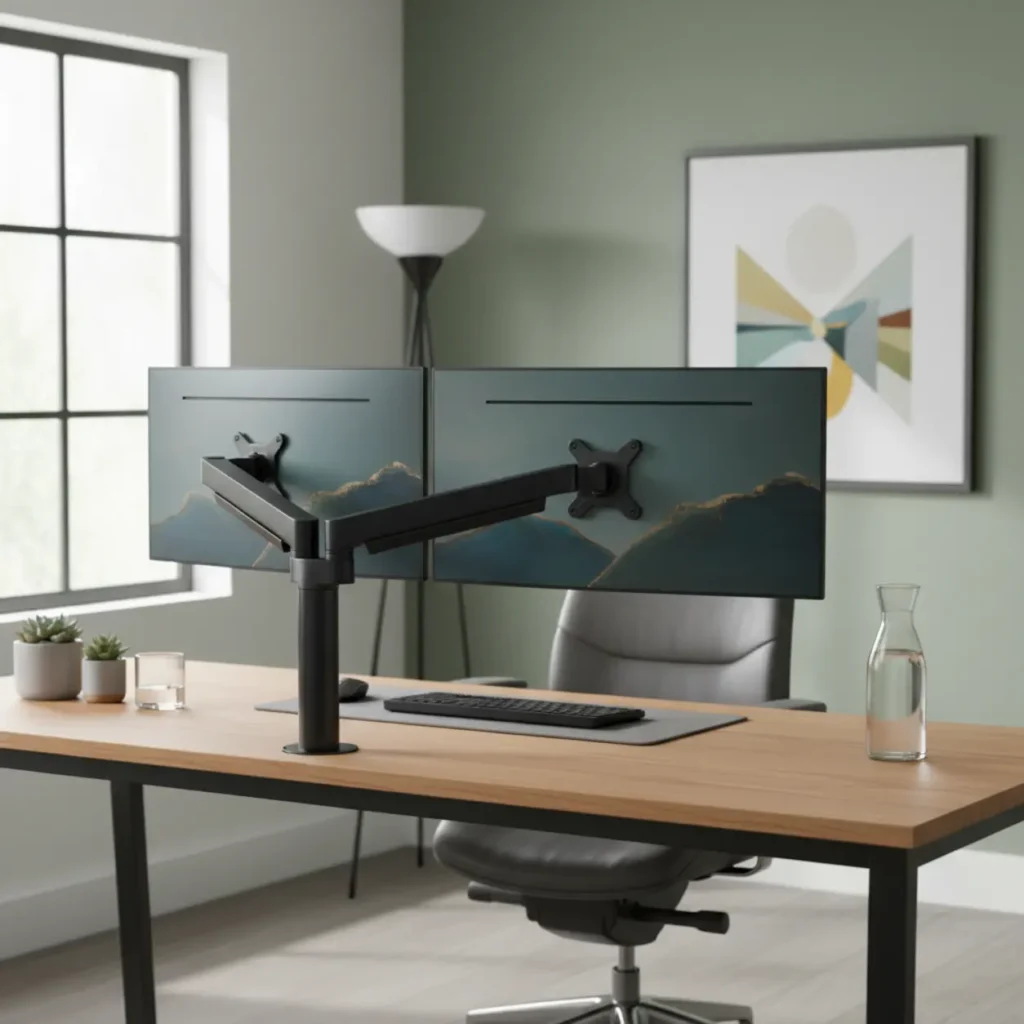 Een opgeruimde thuiswerkplek met de Ergotron HX dual monitor arm voor een ergonomische werkhouding.