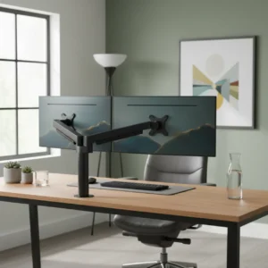 Een opgeruimde thuiswerkplek met de Ergotron HX dual monitor arm voor een ergonomische werkhouding.