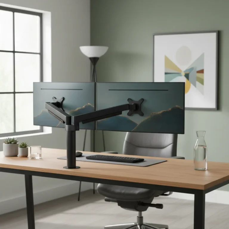 Een opgeruimde thuiswerkplek met de Ergotron HX dual monitor arm voor een ergonomische werkhouding.