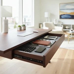 Een stijlvolle schuiflade onder een modern zit-sta bureau voor een opgeruimde werkplek.