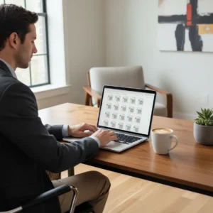 Een georganiseerde professional die digitaal documenten verwerkt om klantdossiers sneller compleet te maken.