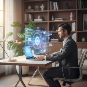 Een professional in een modern thuiskantoor bekijkt door AI gegenereerde filmische video overzichten op een laptop.
