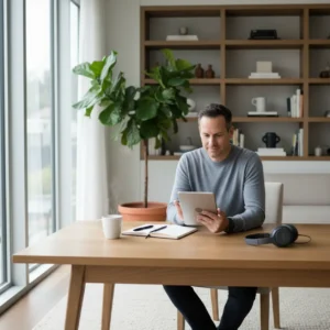 Een gemotiveerde thuiswerker leert een nieuwe taal via een tablet als illustratie voor de Duolingo of Babbel vergelijking.