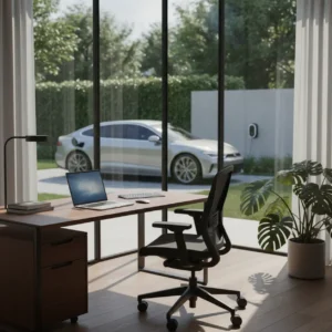 Een modern thuiskantoor met uitzicht op een elektrische auto ter voorbereiding op de autoheffing van 2027.