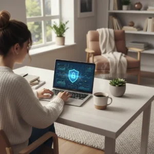 Een thuiswerkende ondernemer gebruikt moderne software op een laptop om zich voor te bereiden op de verplichte e-facturatie.