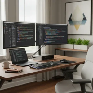 Een moderne thuiswerkplek met meerdere monitoren, optimaal ingericht voor het draaien van Microsoft Visual Studio Professional 2026.