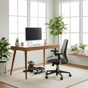 Een moderne thuiswerkplek met een compacte desk elliptical onder het bureau als illustratie voor de Stamina InMotion Compact Strider review.