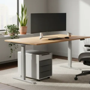 Een overzichtelijk thuiskantoor met een Autonomous ladeblok geplaatst onder een modern zit-sta bureau.