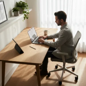 Een overzichtelijke en rustige thuiswerkplek die symbool staat voor productiever thuiswerken met Google NotebookLM.