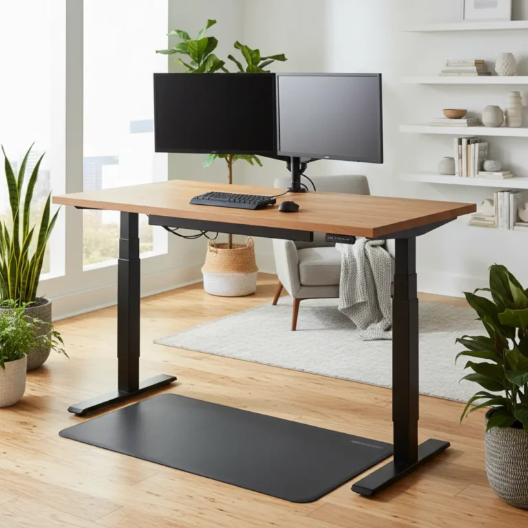 Een hoogwaardig sta-bureau in een moderne thuiswerkplek voor optimaal ergonomisch werken.