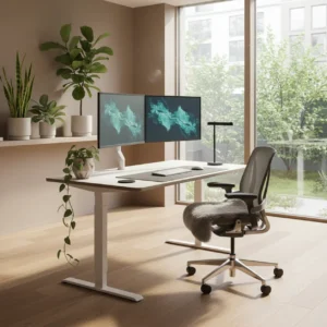Een moderne, ergonomische thuiswerkplek met het Autonomous SmartDesk Pro zit-sta bureau in de staande positie.