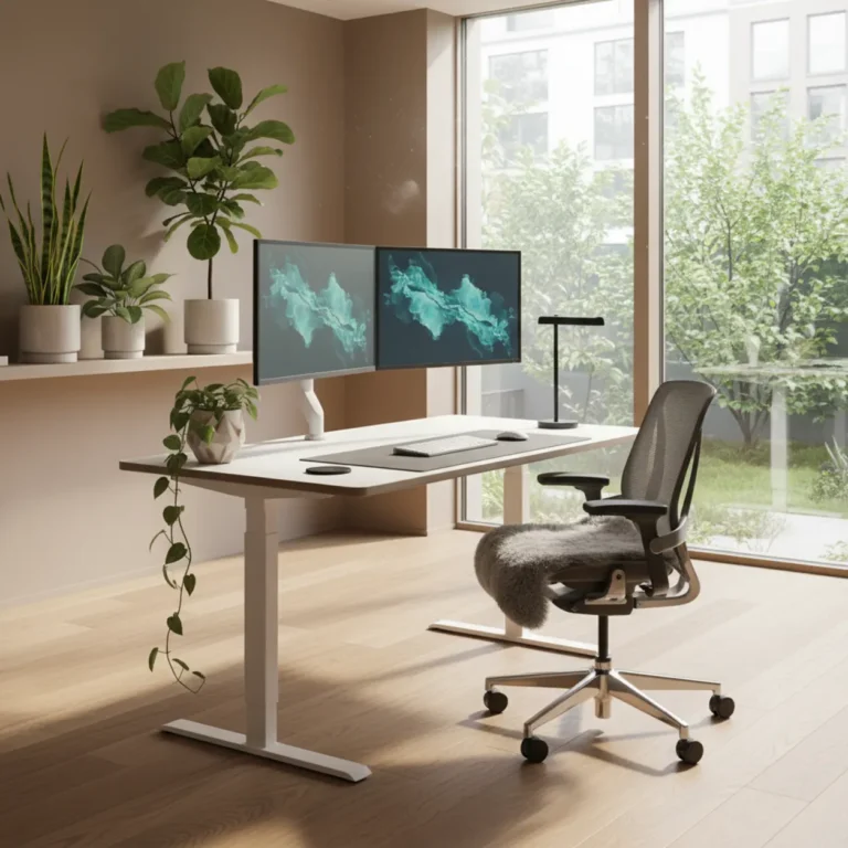 Een moderne, ergonomische thuiswerkplek met het Autonomous SmartDesk Pro zit-sta bureau in de staande positie.