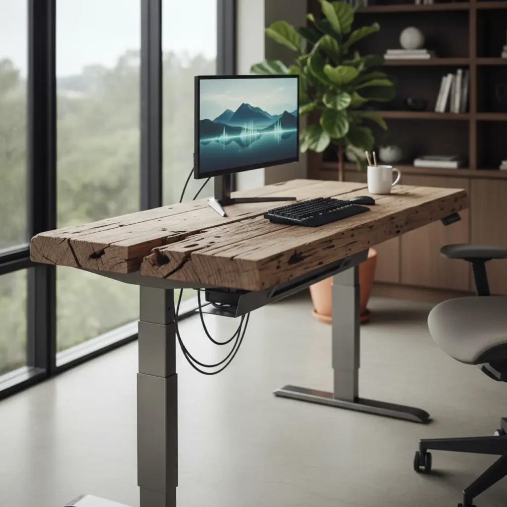 Een elektrisch zit sta bureau van sloophout met een ongelijkmatig en ruw blad in een modern thuiskantoor.