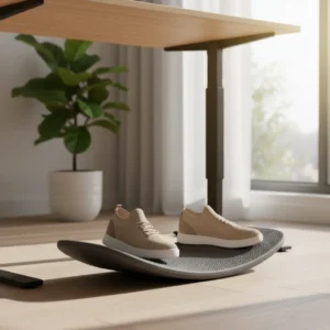 Close-up van voeten op een iMovR Gymba balansbord achter een sta-bureau.