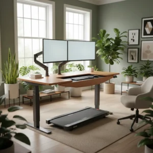 Een modern en ergonomisch iMovR Olympus loopband bureau in een lichte thuiswerkplek met beeldschermen.