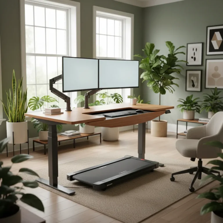 Een modern en ergonomisch iMovR Olympus loopband bureau in een lichte thuiswerkplek met beeldschermen.