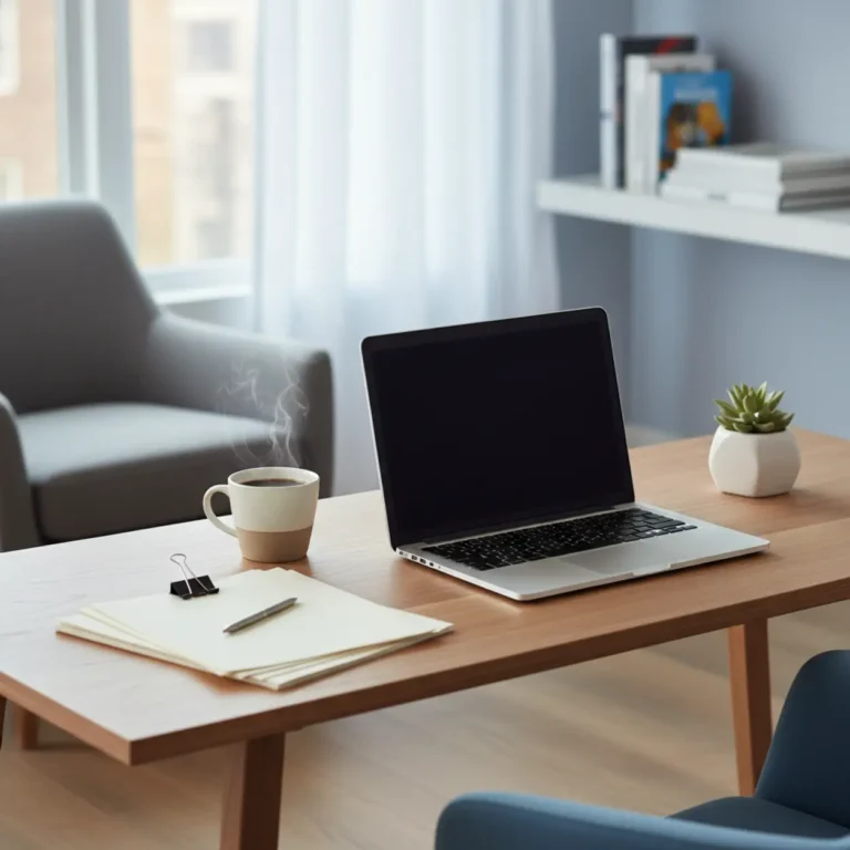 Een moderne thuiswerkplek met een opengeslagen MacBook op een opgeruimd houten bureau.