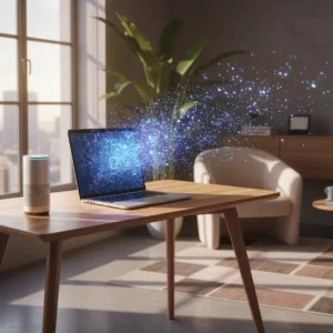 Een moderne thuiswerkplek waar digitale data uit een laptop ontsnapt, wat het risico van een datalek door een AI chatbot illustreert.