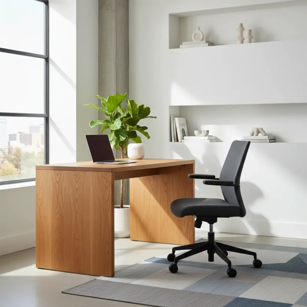 Een stabiel, premium sta-bureau in een modern thuiskantoor is een betere investering dan een goedkoop sta-bureau.