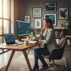 Een geconcentreerde zelfstandige aan het werk in een thuiskantoor, passend bij de ontwikkelingen rondom zzp tarieven in 2026 en nieuwe wetgeving.