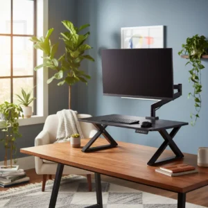 Een moderne ergonomische zit-sta bureauverhoger op een houten bureau in een sfeervolle thuiswerkplek.