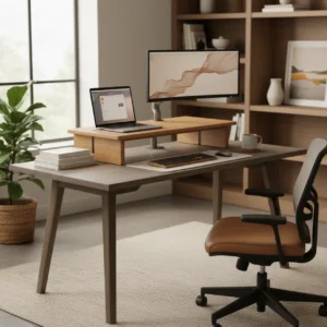 Een stijlvolle Fully Cooper bureauverhoger met bamboe werkblad in een modern thuiskantoor.