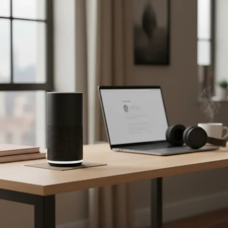 Een moderne thuiswerkplek met een slimme speaker om productiever te thuiswerken met Amazon Alexa Plus.