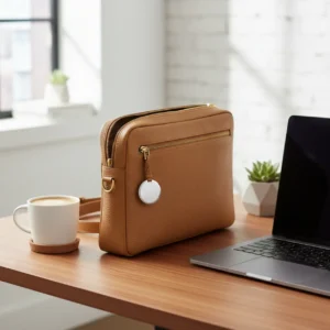 Een Apple AirTag tracker bevestigd aan een laptoptas op een bureau om kostbare werkuitrusting te beveiligen.