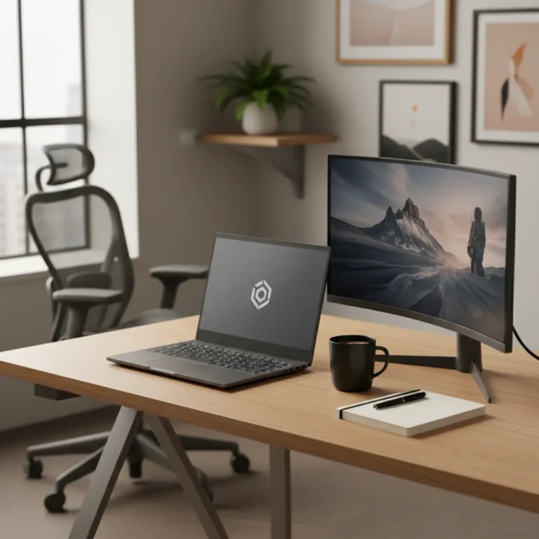 Een slanke en krachtige gaming laptop op een modern bureau als de ultieme upgrade voor je thuiswerkplek.