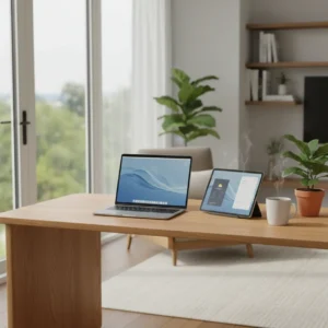 Een minimalistische thuiswerkplek met een overzichtelijke digitale nieuwslezer voor optimale productiviteit en focus.