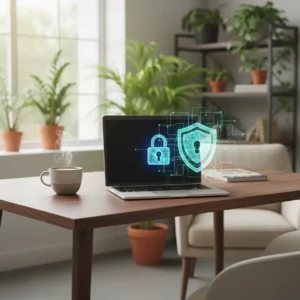 Een veilige thuiswerkplek met een laptop die online beschermd wordt door de gratis VPN van Firefox.