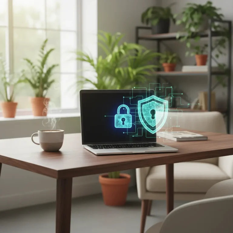 Een veilige thuiswerkplek met een laptop die online beschermd wordt door de gratis VPN van Firefox.