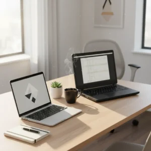 Een strakke zilveren laptop op een modern bureau ter illustratie van de goedkope MacBook Neo als Windows vervanger voor thuiswerkers.