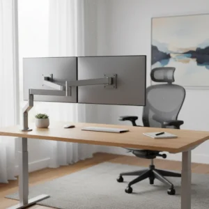 Een moderne, ergonomische thuiswerkplek met de beste monitorarm die twee beeldschermen netjes op ooghoogte laat zweven.