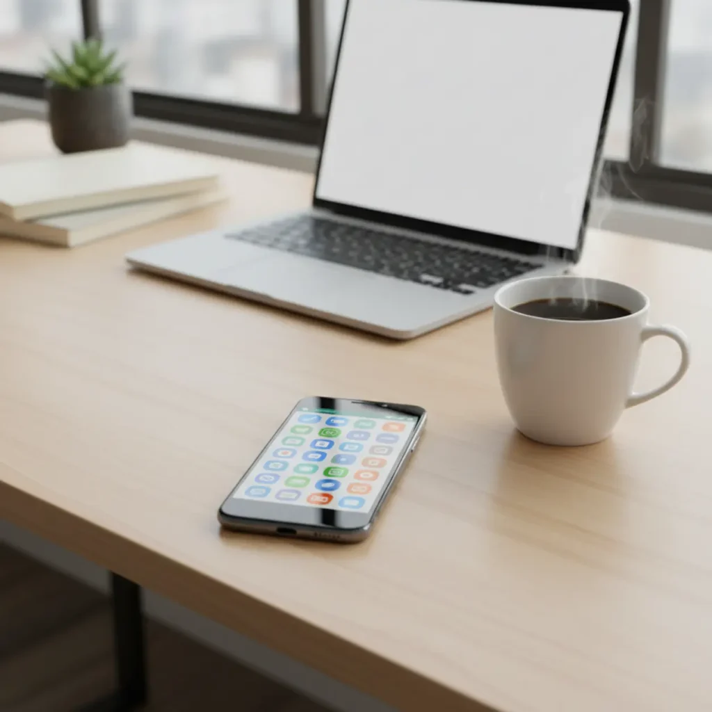 Een moderne smartphone op een bureau met een opgeruimde inbox, representatief voor de beste e-mail apps voor Android.