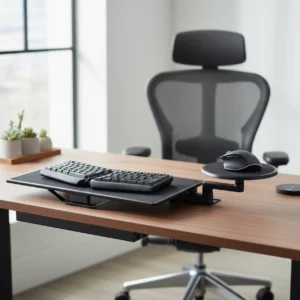 Een ergonomische toetsenbordhouder zoals de ISE Workrite Leader 5 gemonteerd onder een houten zit-sta bureau voor een pijnvrije werkhouding.